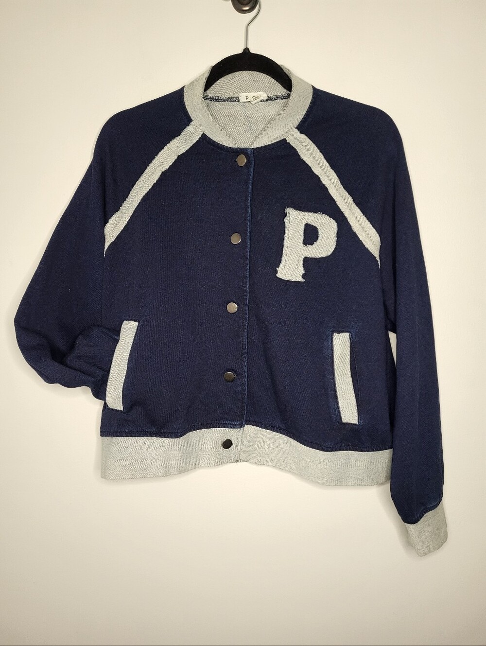 POL "P" Letterman-Style Navy and Gray Women's Jacket French Terry Soft